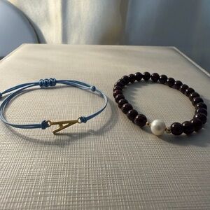 14k Gold Blue Cord Bracelet and Beaded Bracelet Set